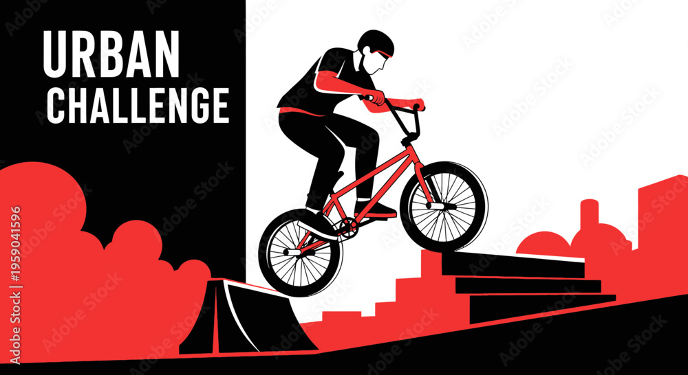 Fototapeta premium Dynamic Bmx Rider Performing Tricks Against Cityscape Backdrop