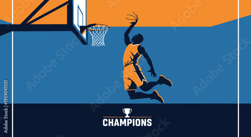 Dynamic Basketball Player Dunking On Court Champions Trophy Graphic