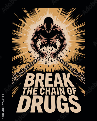 Muscular man breaking chains with explosive energy