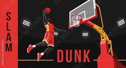 Dynamic Basketball Player Executes a Thrilling Slam Dunk Effortlessly