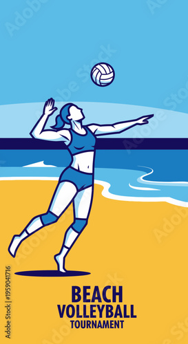 Dynamic Beach Volleyball Player Spiking the Ball During Tournament, Striking Pose