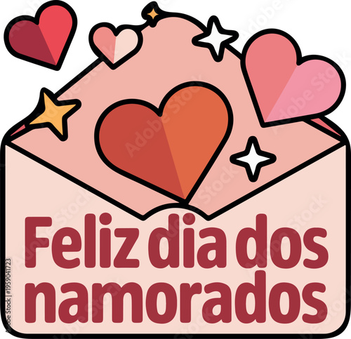 Pink envelope with hearts and stars Feliz dia dos namorados text