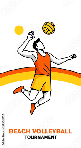 Dynamic Beach Volleyball Player Spiking the Ball in a Colorful Tournament Illustration