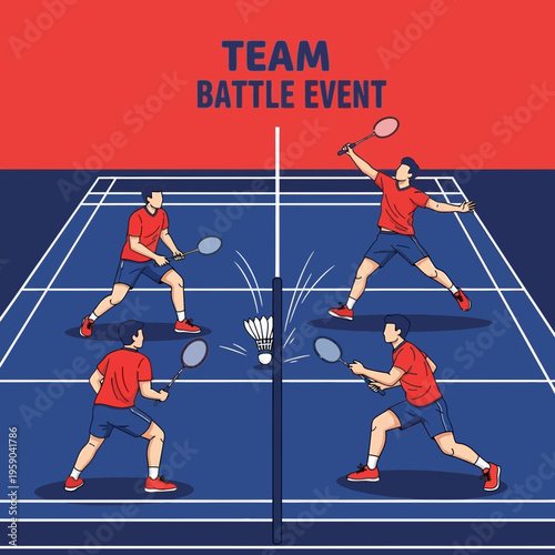 Dynamic Badminton Match Depicting Teamwork and Competition on a Vivid Illustrated Court