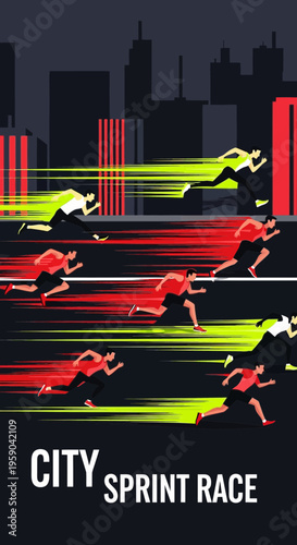 Dynamic City Sprint Race Illustration Depicting Speed, Competition, and Urban Energy on a Dark