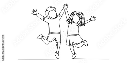 A single continuous line drawing of a happy young boy and girl jumping up with arms raised high