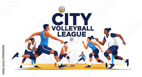 Dynamic City Volleyball League Tournament Action Illustration