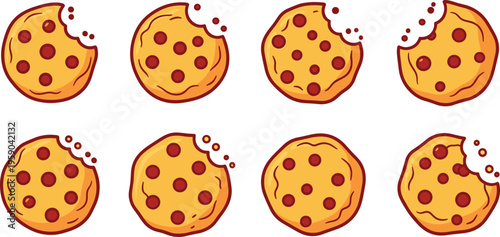 Cartoon Chocolate Chip Cookies with Bites Vector Set Featuring Sweet Dessert Snacks, Bakery Treat Illustrations, and Cute Food Design Elements