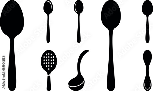 Spoon silhouette set with different styles including ladle and slotted spoon in minimalist black vector illustration