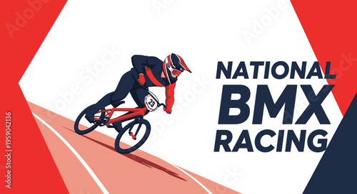 Dynamic BMX Racer Accelerates Down Track In National Competition