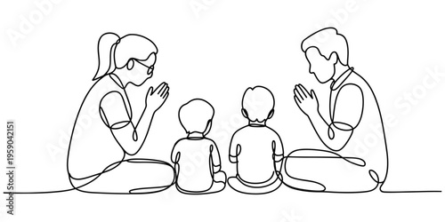A single continuous line drawing of a mother and father praying together with their two children