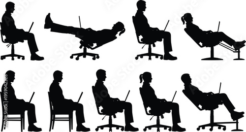 People using laptops in various sitting and reclining positions highlighting ergonomics comfort remote work lifestyle technology silhouette vector illustration set
