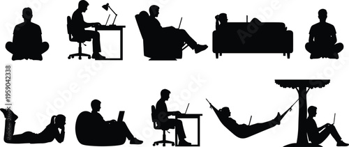 People using laptops in various positions representing remote work lifestyle flexibility digital nomad concept modern technology silhouette vector illustration set