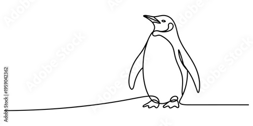 Minimalist single continuous line drawing of a cute emperor penguin standing in a profile view