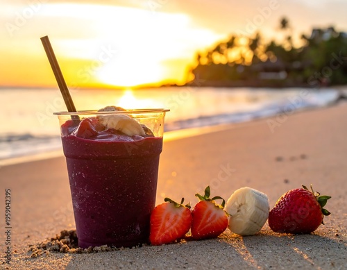 Beachfront Smoothie Delight at Sunset - A Tropical Refreshment.