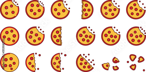 Cartoon Cookie Bite Stages Vector Set with Chocolate Chip Biscuits, Crumbs, and Eating Progress Illustration for Sweet Dessert Food Design