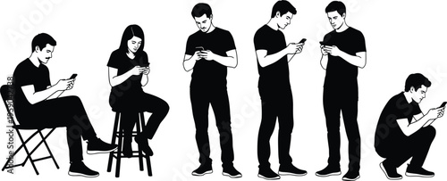People using smartphones in different poses illustrating mobile addiction social media lifestyle modern communication technology silhouette vector illustration set