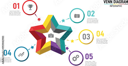 Star shaped Venn diagram infographic vector template for data comparison process steps business analysis and presentation design