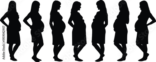 Pregnant women silhouettes set showing various poses baby bump stages motherhood prenatal care female body vector illustration collection