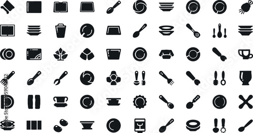 Kitchen and dining icon set with utensils tableware and food elements in minimalist black vector style