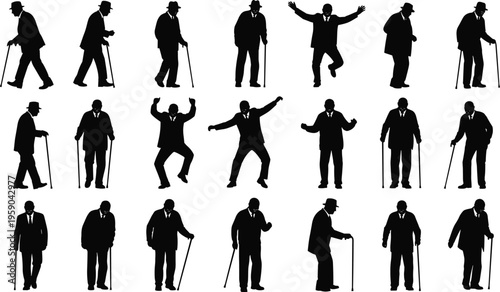 Senior man silhouettes set with walking cane poses elderly lifestyle aging activity movement vintage gentleman character vector illustration collection