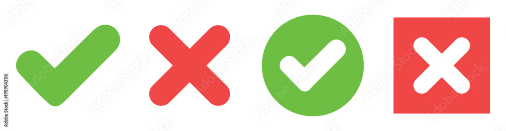 Fototapeta premium Green check mark and red cross icon set for correct and wrong approval or rejection vector illustration bundle