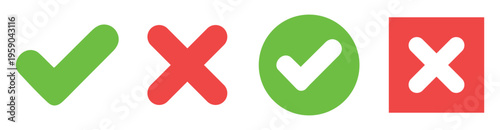 Green check mark and red cross icon set for correct and wrong approval or rejection vector illustration bundle