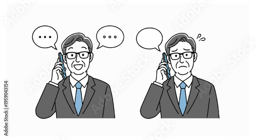A middle-aged man wearing a suit and blue tie is depicted in two states while talking on a phone with happy and concerned expressions.