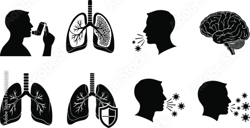 Respiratory system silhouettes with lungs inhaler coughing virus transmission brain health protection medical vector illustration healthcare concept set