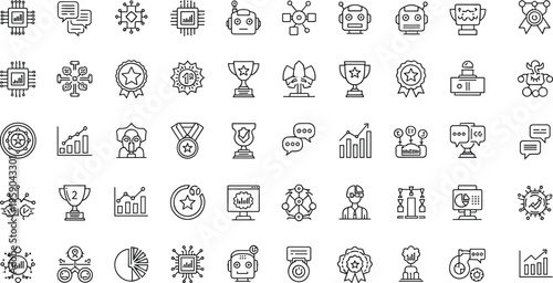 Artificial intelligence and technology icons set with robots, analytics, awards and digital innovation symbols outline vector illustration collection