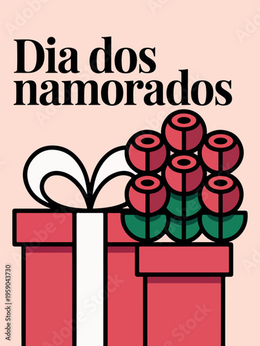 Red roses and gift box with Portuguese text Dia dos namorados