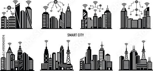 Smart city skyline silhouettes collection with wireless network connection buildings urban technology communication infrastructure vector illustration modern cityscape set