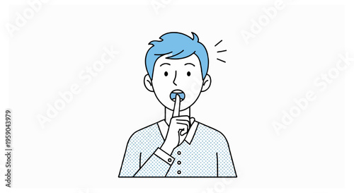 An illustration of a man with blue hair and a patterned shirt holding his finger to his lips while his mouth is open in surprise.