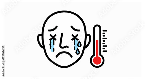 A minimalist graphic of a bald head with crossed eyes and falling tears beside a thermometer showing a high temperature level in red.