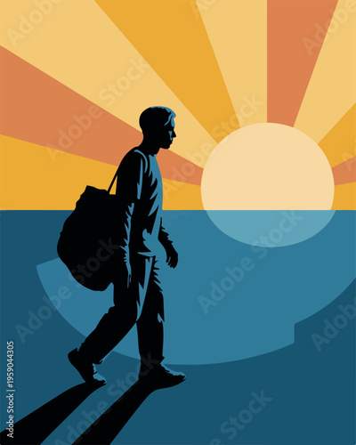 Silhouette man walking towards a rising sun over water