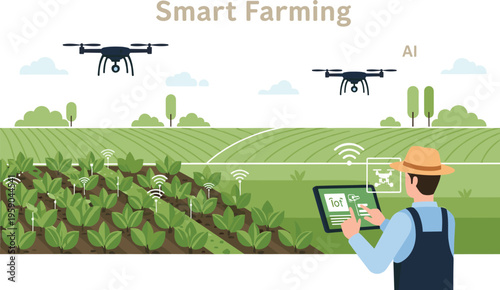 Smart farming vector illustration with agricultural drones crop monitoring wireless field sensors and farmer using tablet for precision agriculture