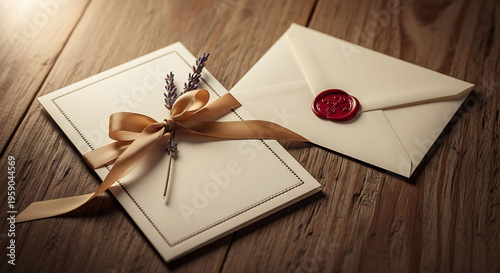 Elegant wedding stationery with sealed envelope on wooden table for formal invitation