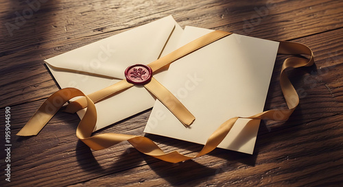 Two sealed envelopes with golden ribbons on a wooden table elegant correspondence concept