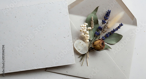 Wedding invitation card with floral decoration and envelope on white background elegant and romantic