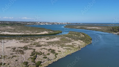Aerial view of the Barwon River estuary in Victoria, Australia, with winding water channels and coastal vegetation, and Ocean Grove town in the distance. Natural landforms, estuarine ecosystems