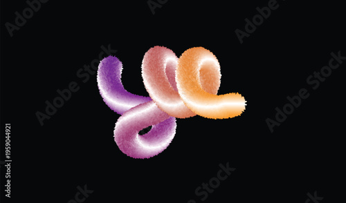 Vibrant fuzzy shape art purple and orange interconnected loops on black background