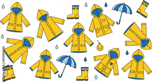 Yellow Raincoat and Umbrella Seamless Pattern with Rubber Boots and Raindrops for Kids Clothing, Weather Design, Autumn Season Illustration Vector