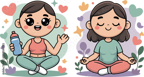 Two cartoon girls meditating and holding water bottle