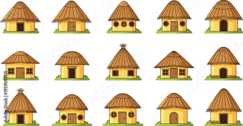 Thatched Hut House Collection with Traditional Rural Homes, Straw Roof Buildings, and Village Architecture Illustrations for Cultural and Countryside Vector Design