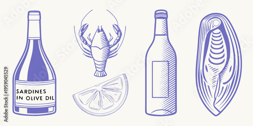 Seafood and wine illustration sardines lobster lemon and bottles