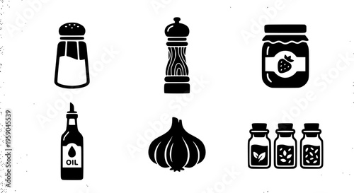 Flat design black condiment icon set showing salt shaker pepper mill jam jar oil bottle garlic and spice jars row