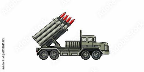 Cartoon illustration of a military vehicle launching multiple missiles