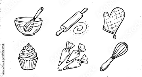 Line art overhead composition baking tools and cupcake with piping bags whisk rolling pin bowl and oven mitt playful sketchy