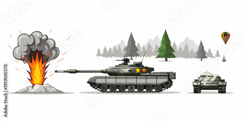 Cartoon illustration of a tank explosion and military vehicles in a landscape