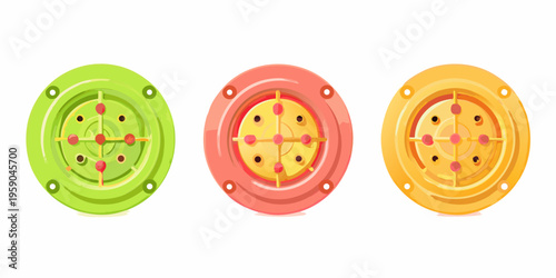 Colorful spinning tops with rivets and dotted centers in a row
